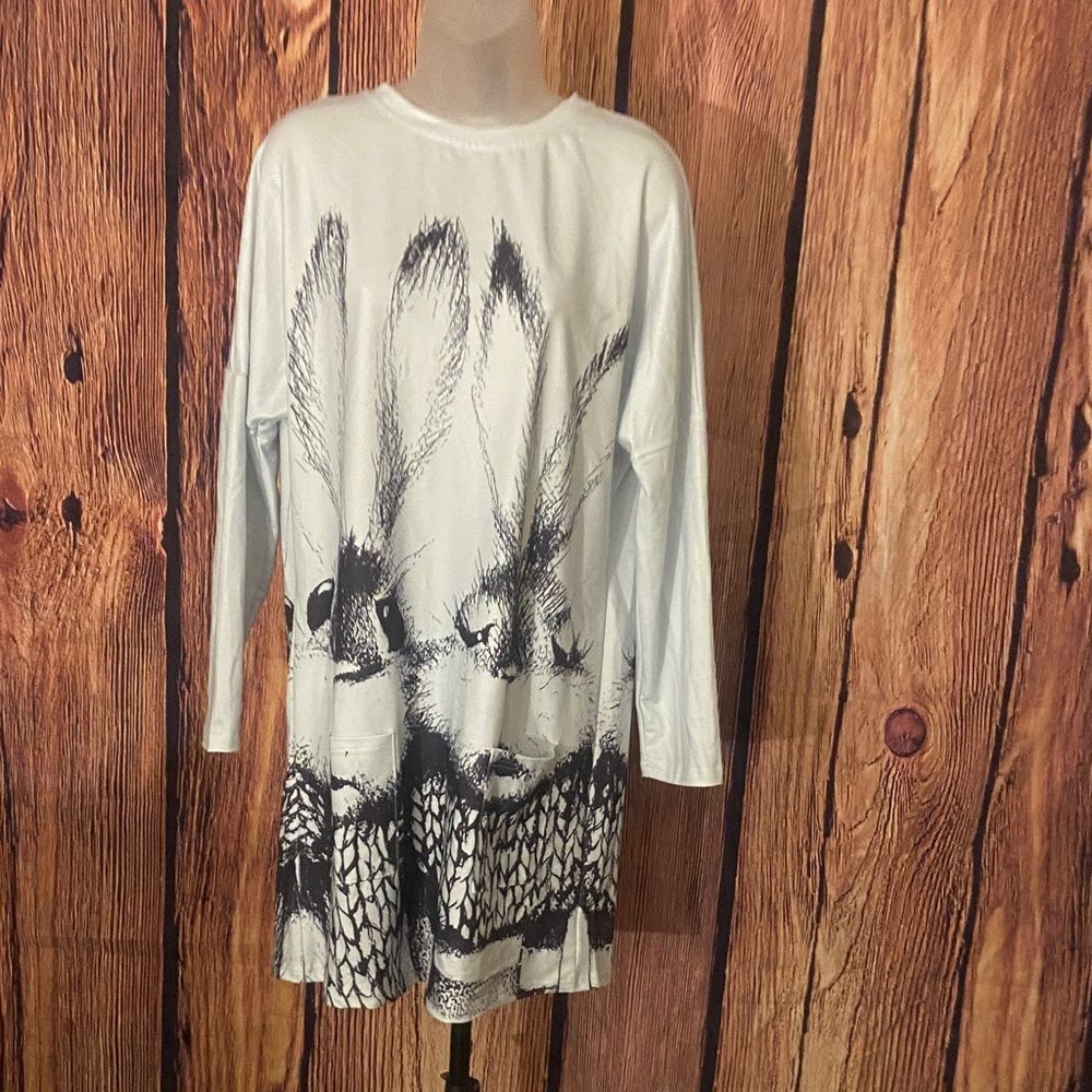 White Long Sleeve Rabbit Print Dress, Small, 9A-1312D001